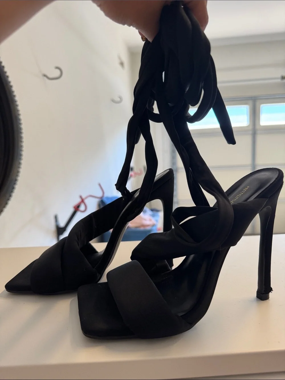PrettyLittleThing Black Lace-Up Square Toe High Heels - Picture 4 of 4